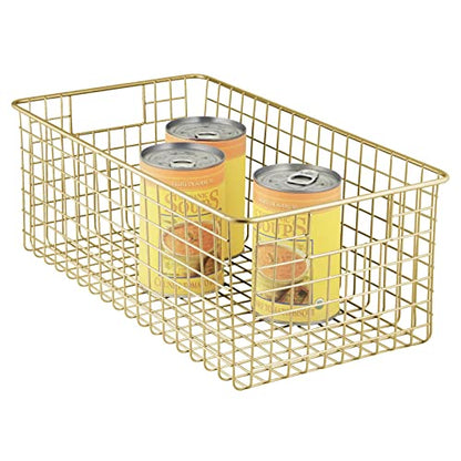  MDesign Metal Wire Food Storage Basket Organizer With Handles For Organizing Kitchen Cabinets, Pantry Shelf, Bathroom, Laundry Room, Closets, Garage - Concerto Collection - 8 Pack - Soft Brass