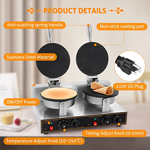  Ice Cream Cone Maker Commercial Waffle Cone Maker Machine Stainless Steel Electric Cone Waffle Maker Non-Stick Double Head Egg Roll Mold For Restaurant Home Use, 110V 2400W