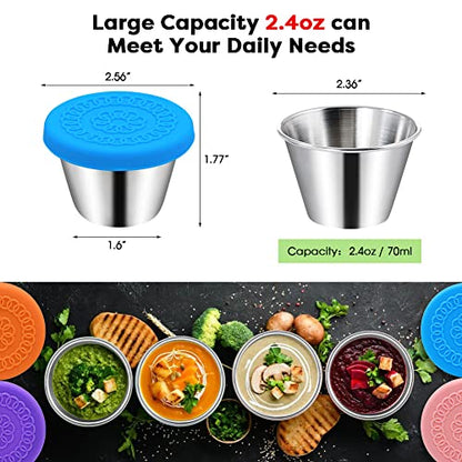  6Pack 2.4oz Small Condiment Containers With Lids, Salad Dressing Container To Go, Stainless Steel Sauce Container With Silicone Lids, Leakproof, Reusable, Small Dipping Sauce Cups With Lids