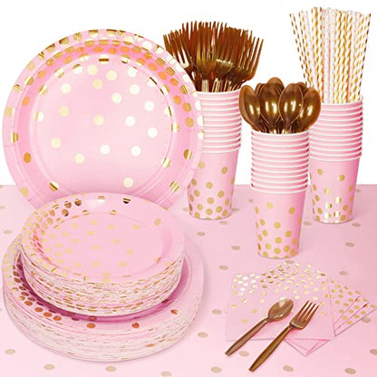  Pink Paper Plates And Napkins Party Supplies Serves 50, 4 Pack Tablecloths, Cups, Utensil, Straws Included For Girl Baby Shower, Pincess Theme Party, Birthday, Wedding, Total 354 PCS