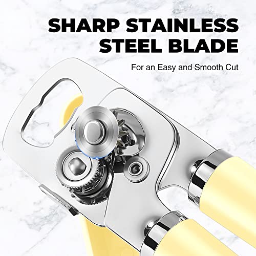  Can Opener Manual, Heavy Duty Handheld Can Opener With Stainless Steel Sharp Blade, Hand Can Opener With Ergonomic Hand Grip And Larger Turning Knob, Built In Bottle Opener(Yellow)