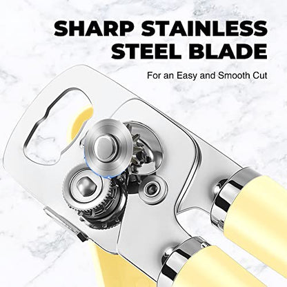  Can Opener Manual, Heavy Duty Handheld Can Opener With Stainless Steel Sharp Blade, Hand Can Opener With Ergonomic Hand Grip And Larger Turning Knob, Built In Bottle Opener(Yellow)