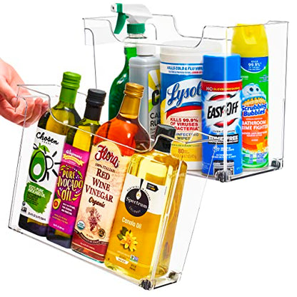  Roll Out Bottle Organization Bins - 2 Sizes Pantry Under Sink Organizer With Wheels & Handles - Clear Plastic Organizing Containers For Cleaning Supplies - Kitchen Cabinet Laundry Room Storage