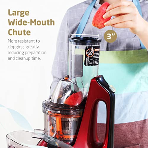  Rtical Grind Cold Press Juicer, Anti-Oxidation Wide Chute Slow Grinding Juicer With 60 RPM 240W AC Motor & Large 3” Mouth The Ultimate Fruit And Vegetable Juice Extractor (Red)