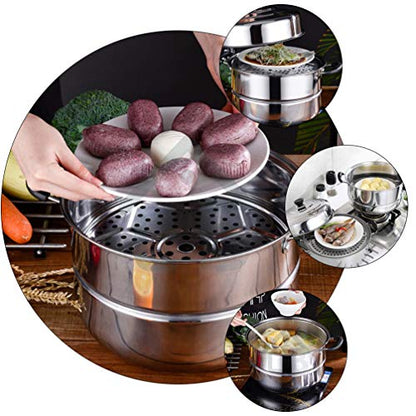  Chinese Steamer Basket Stainless Steel Steam Pot Double Layered Food Steamer Stockpot Soup Pot Boiler Cookware Pot Sauce Pot Pan Set With Lid (30cm) Dumpling Steamer