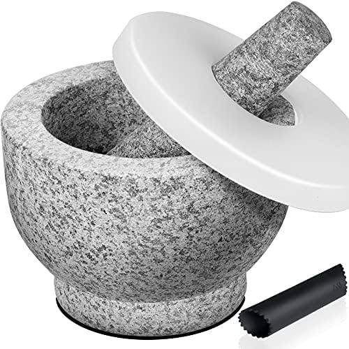  Mortar And Pestle Set 2-Cup Capacity Molcajete Bowl, Incl. Silicone Lid, Garlic Peeler, Stick-on Anti-Slip Pad For Base, Unpolished Granite Mortar And Pestle Spice Grinder 5.5 Inch