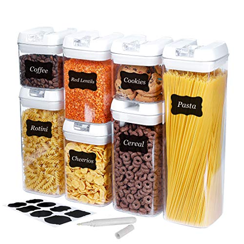  7 Pack Airtight Food Storage Container Set - Kitchen & Pantry Organization Containers - Labels & Chalk Marker - BPA Free Clear Plastic Kitchen And Pantry Organization Containers