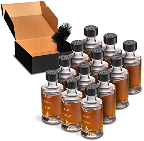  (12-pack) 2.4oz / 70mL Glass Small Sample Bottles Clear Color With Capacity Markings, Lids, And Brush | 2 Oz+ Leak Proof & Perfect For Whiskey, Oils, Travel, Juice, & More