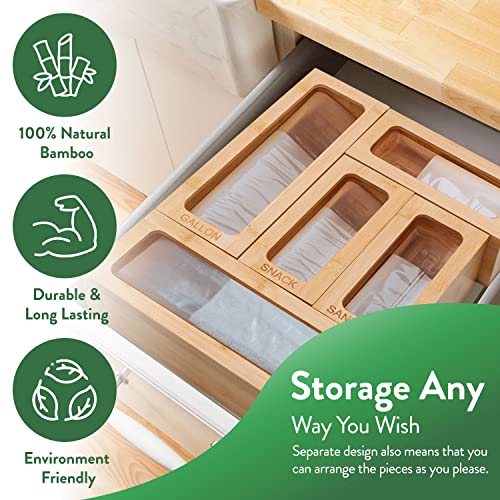  Bamboo Ziplock Bag Organizer For Drawer, Kitchen Storage Bag Organizer, 5 Separate Baggie Organizer For Drawer With Non-Slip Feet And Hanging Holes, Kitchen Organization And Storage