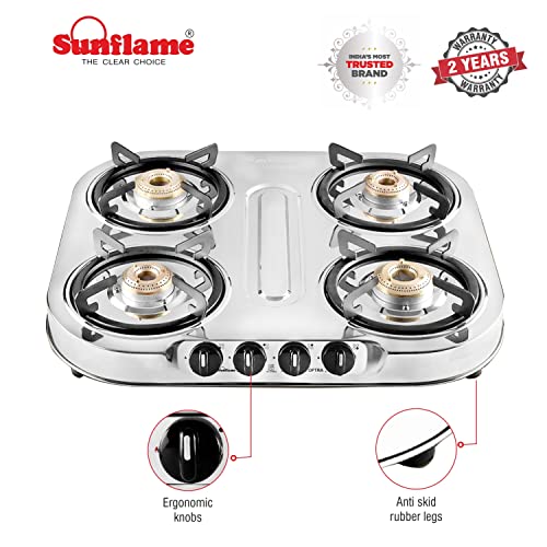  Sunflame 4 Burner Gas Stove With 2 Year Warranty, Stainless Steel Body, Manual Ignition, 4 Brass Burners (GT 4B OPTRA) Silver
