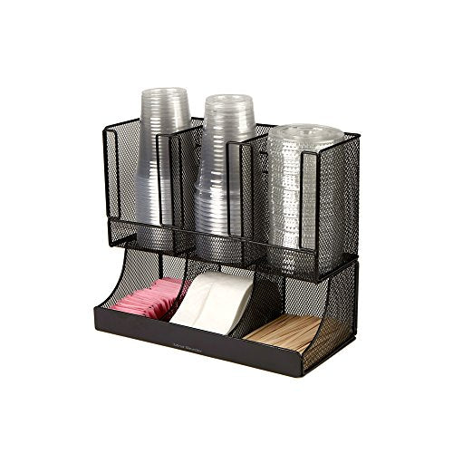  6 Compartment Upright Breakroom Coffee Condiment And Cup Storage Organizer, Black Metal Mesh