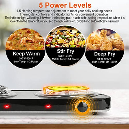  Hot Plate, 2000W Portable Electric Double Coil Burner With Dual Control & 5 Level Temperature Control, Easy To Clean, Lightweight Stainless Steel Countertop Stove For Kitchen Dorm Camping,110V