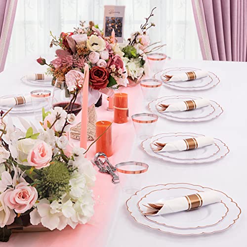  175PCS Rose Gold Plastic Plates - Baroque Rose Gold Disposable Plates Including 50 Rose Gold Party Plates, 25 Pack Rose Gold Pre Rolled Napkins And 25 Cups For Wedding & Party