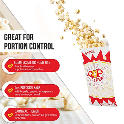  400 Popcorn Bags, Popcorn Machine Supplies Set, 1 Oz Grease Resistant Paper, Popcorn Bags For Popcorn Machine, Grease Resistant, Carnival Themed, Made In The USA (400)