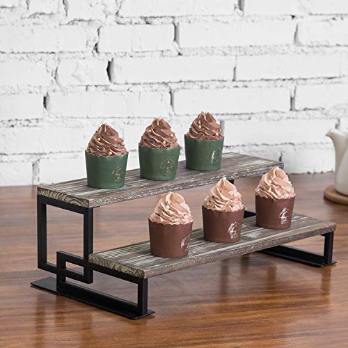  2-Tier Torched Wood And Metal Dessert Display Riser