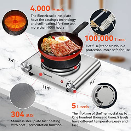  Hot Plate, 1500W Electric Burner For Cooking Cast Iron Hot Plates, Electric Cooking Stove With Adjustable Temperature Control Stainless Steel Countertop Burner Electric Cooktop（silver）