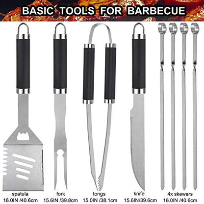  Grilljoy 24PCS BBQ Grill Tools Set With Meat Thermometer And Injector - Extra Thick Stainless Steel Fork, Spatula& Tongs - Complete BBQ Accessories In Aluminum Case - Perfect Grill Gifts For Men