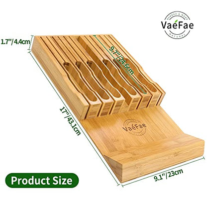  In-Drawer Knife Block, Bamboo Knife Drawer Organizer Insert, Kitchen Knife Holder Drawer For 12 Knives PLUS A Slot For Your Knife Sharpener (Without Knives)