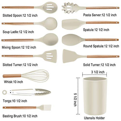  Ilicone Kitchen Utensils Set Cooking Utensils - SZBOB Heat Resistant/Non-stick/Non Toxic/BPA Free Silicon Spoons Spatula Whisk Tongs Wooden Handle Kitchen Utensils Set With Holder (Khaki)