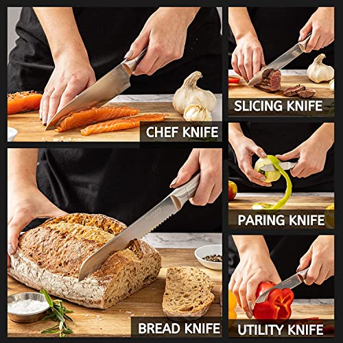  Kitchen Knife Block Set – 14-Piece Knife Set With Hardwood Block – Stainless Steel Blades – Hollow Knife Set For Chopping, Slicing, Dicing