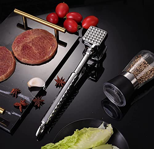  Meat Hammer, Premium Stainless Steel Meat Tenderizer Tool, Meat Pounder Mallet + Silicone Basting Brush For Tenderizing Steak, Beef And Poultry, Heavy Duty Sturdy, Non-Slip Handle, Dual-Sided