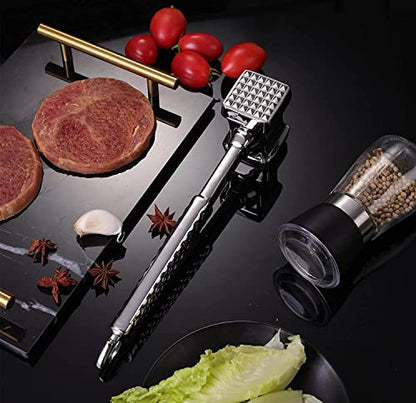  Meat Hammer, Premium Stainless Steel Meat Tenderizer Tool, Meat Pounder Mallet + Silicone Basting Brush For Tenderizing Steak, Beef And Poultry, Heavy Duty Sturdy, Non-Slip Handle, Dual-Sided