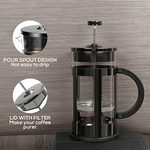  French Press Coffee Maker 12 Ounce Stainless Steel With Borosilicate Glass Heat Resistant 4 Level Filtration System For Brew Coffee & Tea Dishwasher Safe 350ml (12oz, Stainless Black)