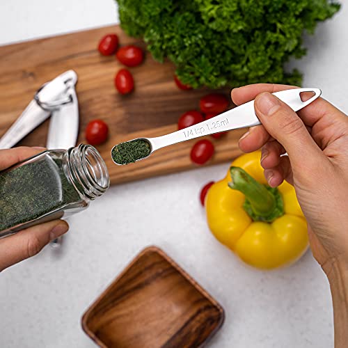  Heavy Duty Stainless Steel Measuring Spoons For Narrow Spice Jars With Slim Handles And Etched Markings & Removable Clasp, Perfect Measuing Spoons And Table Spoons