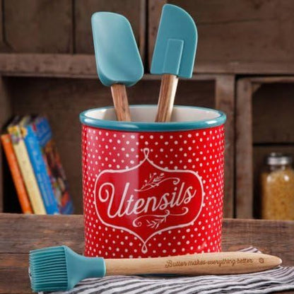  Flea Market 4-Piece Utensil Set With Crock Holder - Polka Dot