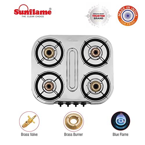  Sunflame 4 Burner Gas Stove With 2 Year Warranty, Stainless Steel Body, Manual Ignition, 4 Brass Burners (GT 4B OPTRA) Silver