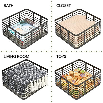  Steel Metal Wire Kitchen Food Storage Organizer Bin Basket For Pantry Organization - Wired Farmhouse Basket With Handle For Shelves - Carson Collection - 6 Pack, Matte Black