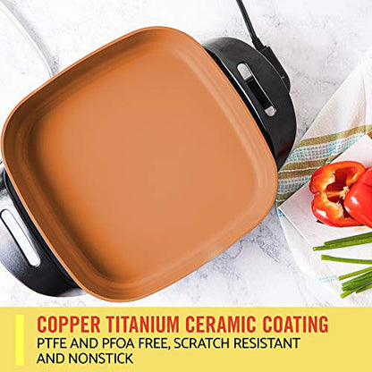 Bella Electric Ceramic Titanium Skillet, Glass Lid Included, 12" X 12", Copper/Black & Electric Griddle W Warming Tray, Healthy-Eco Non-stick Coating, Hassle-Free Clean Up, 10" X 18", Copper/Black