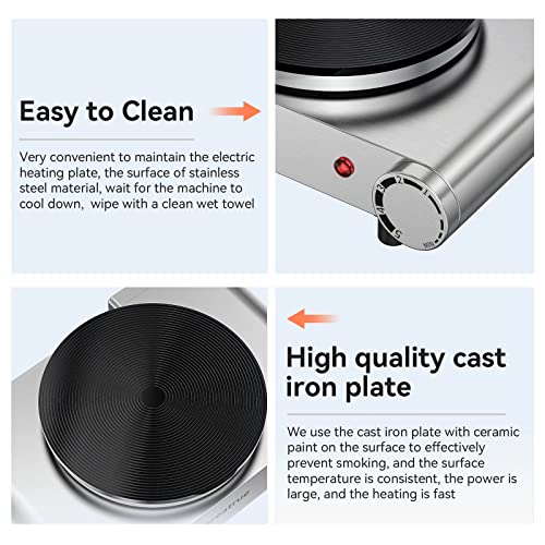  Hot Plate, 1500W Electric Burner For Cooking Cast Iron Hot Plates, Electric Cooking Stove With Adjustable Temperature Control Stainless Steel Countertop Burner Electric Cooktop（silver）