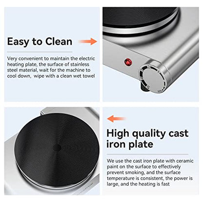  Hot Plate, 1500W Electric Burner For Cooking Cast Iron Hot Plates, Electric Cooking Stove With Adjustable Temperature Control Stainless Steel Countertop Burner Electric Cooktop（silver）