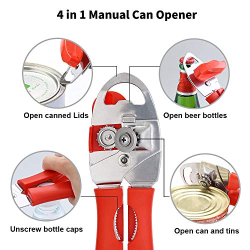  Can Opener Manual 4 In 1, Handheld Can Opener Bottle Opener Safe Cut And Smooth Edge With Ergonomic Grip Large Turn Knob Great For Seniors With Arthritis (Red)