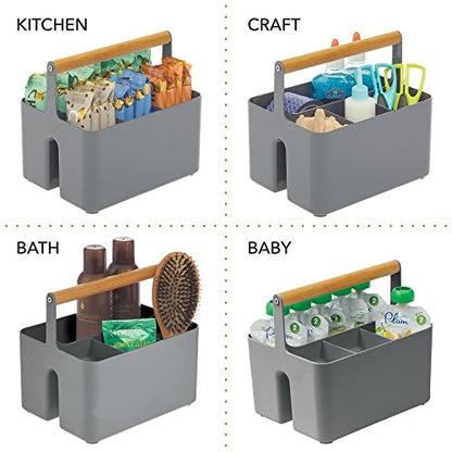  MDesign Plastic Portable Storage Organizer Kitchen Caddy Tote, Divided Bin With Wood Handle For Napkins, Silverware, Forks, Knives, Spoons - Store In Cabinets, Countertops - Charcoal Gray/Natural