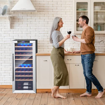  20“ Dual Zone Wine Fridge Refrigerator Cooler, 43 Bottles Freestand Wine & Beverage Center, Wine Cellar W/ 8 Beech Wood Shelves, Glass Door, LED Light, Bar Fridge For Home, Bar