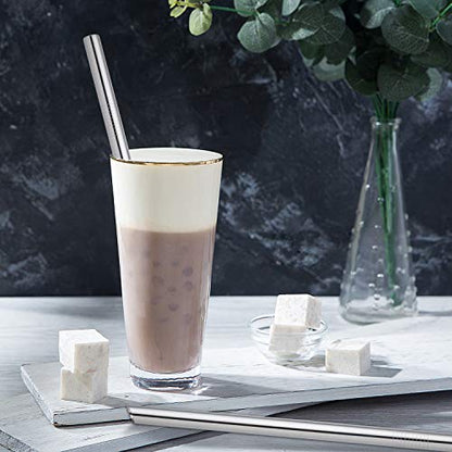  [Angled Tips] 2 Pcs Jumbo Reusable Boba Straws & Smoothie Straws, 0.5" Wide Stainless Steel Straws, Metal Straws For Bubble Tea/Tapioca Pearl, Milkshakes,Smoothies | 1 Cleaning Brush & 1 Case