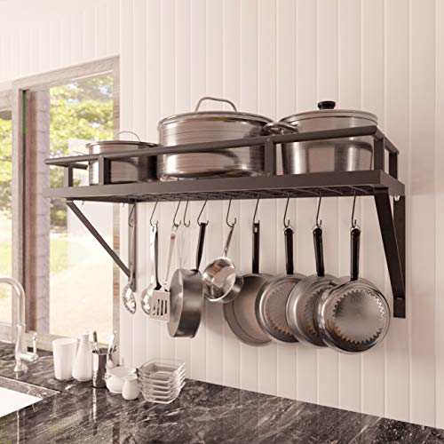  KES 30-Inch Kitchen Pan Pot Rack Wall Mounted Hanging Storage Organizer Wall Shelf With Hooks Matte Black, KUR215S75A-BK