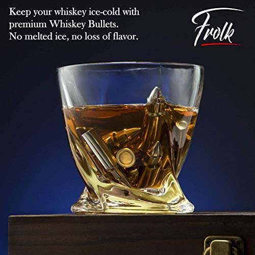  Whiskey Bullet Shaped Stones Gift Set For Men - 10 Bullets Chilling Stainless-Steel Whiskey Rocks - 11oz 2 Large Twisted Whiskey Glasses, Slate Coasters, Tongs - Premium Set In Pine Wood Box