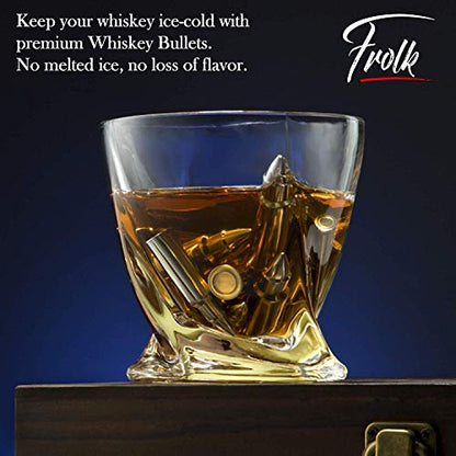  Whiskey Bullet Shaped Stones Gift Set For Men - 10 Bullets Chilling Stainless-Steel Whiskey Rocks - 11oz 2 Large Twisted Whiskey Glasses, Slate Coasters, Tongs - Premium Set In Pine Wood Box