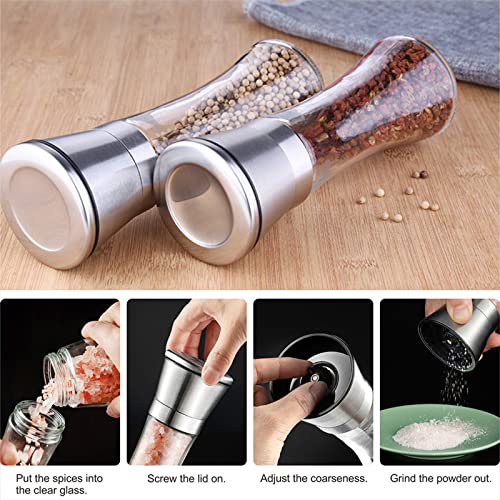 Salt And Pepper Shakers Grinders Refillable Stainless Steel, Adjustable Coarseness Mills Glass Material To Refill Sea Salt,Small Peppercorn,Black Pepper (single Package)