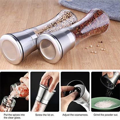  Salt And Pepper Shakers Grinders Refillable Stainless Steel, Adjustable Coarseness Mills Glass Material To Refill Sea Salt,Small Peppercorn,Black Pepper (single Package)