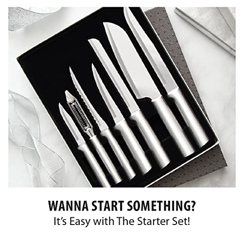  Ada Cutlery Knife 7 Stainless Steel Kitchen Knives Starter Gift Set With Brushed Aluminum Made In USA, Silver Handle