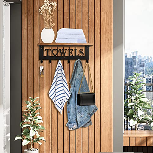  Rustic Towel Rack Towel Holder With Wooden Shelf For Bathroom,Minimalist Design Storage Organizer For Folded Large Towels, Towels, Robes, Clothes- Black