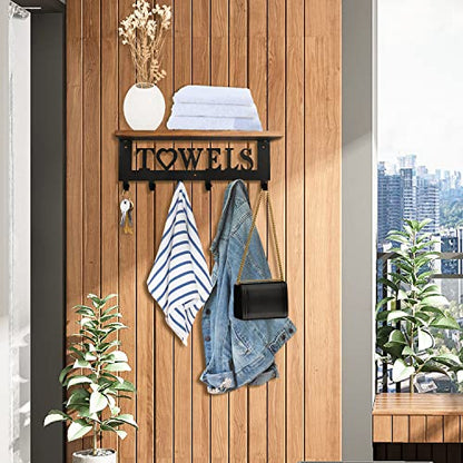  Rustic Towel Rack Towel Holder With Wooden Shelf For Bathroom,Minimalist Design Storage Organizer For Folded Large Towels, Towels, Robes, Clothes- Black
