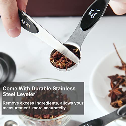  Measuring Spoons 9 Set, Stainless Steel Teaspoon Magnetic Measure Spoons, Dual Sided Kitchen Gadgets Fits In Spice Jars, Black