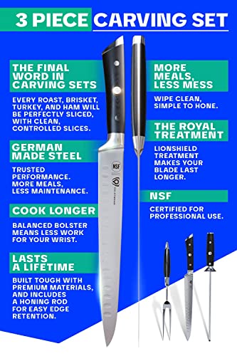  Carving Knife & Fork Set - Gladiator Series Elite - Forged German High-Carbon Steel - 4pc - 9" Carving Knife & Sheath - Hollow Ground - 8" Honing Rod - Matching Fork - NSF Certified