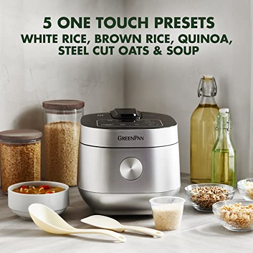 Greenpan Stainless Steel Healthy Ceramic Nonstick 8-Cup Rice Oats Grains & Soup Cooker, Induction Heating For Consistent Results, Dishwasher Safe Pot, Includes Spatula Ladle & Measuring Cup