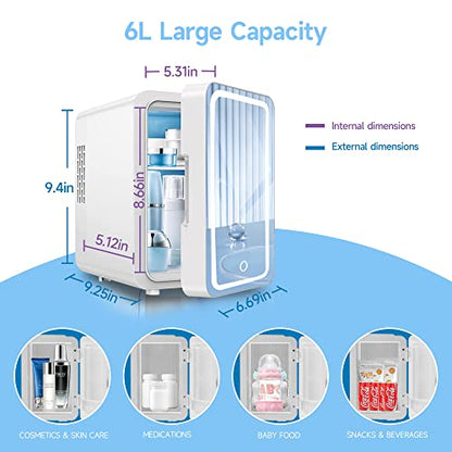  Mini Fridge For Bedroom, 6L Skincare Fridge With Dimmable LED Mirror, Cooler And Warmer Beauty Fridge, Portable Small Refrigerator, Mini Fridge For Makeup, Skincare, Drinks (White)